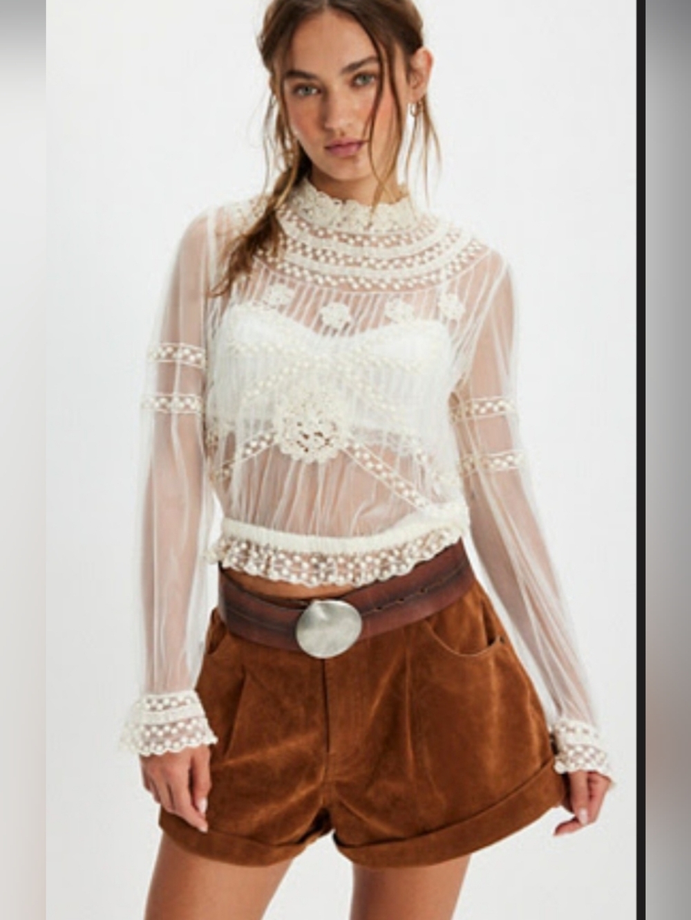 Free People Sheer Ivory Embroidered Lace Blouse